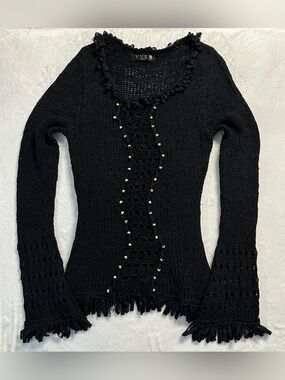 Y2K YVES PARIS women's black woven beaded frayed grunge sweater, S-M.